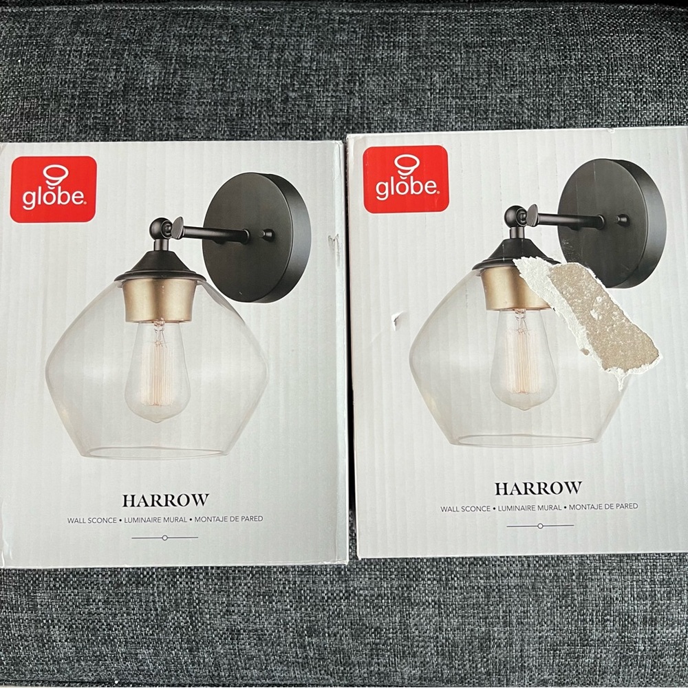 NIB 2 Globe Electric Harrow 1-Light Wall Sconces in Matte Black w/ Vintage Light